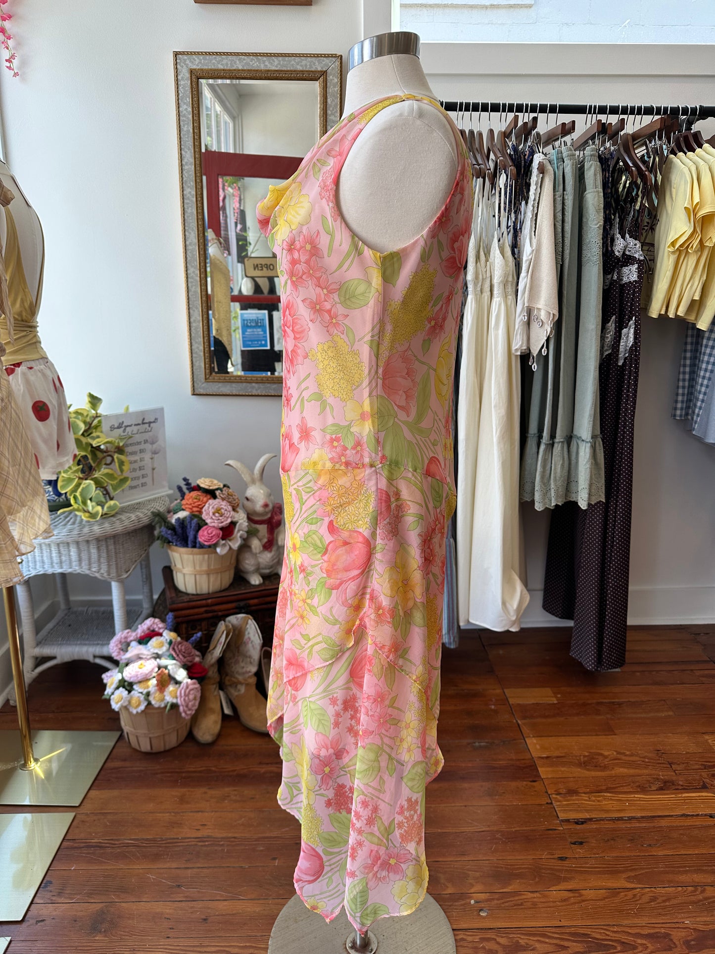 90's Pink/Yellow Midi Dress - Size 9/10