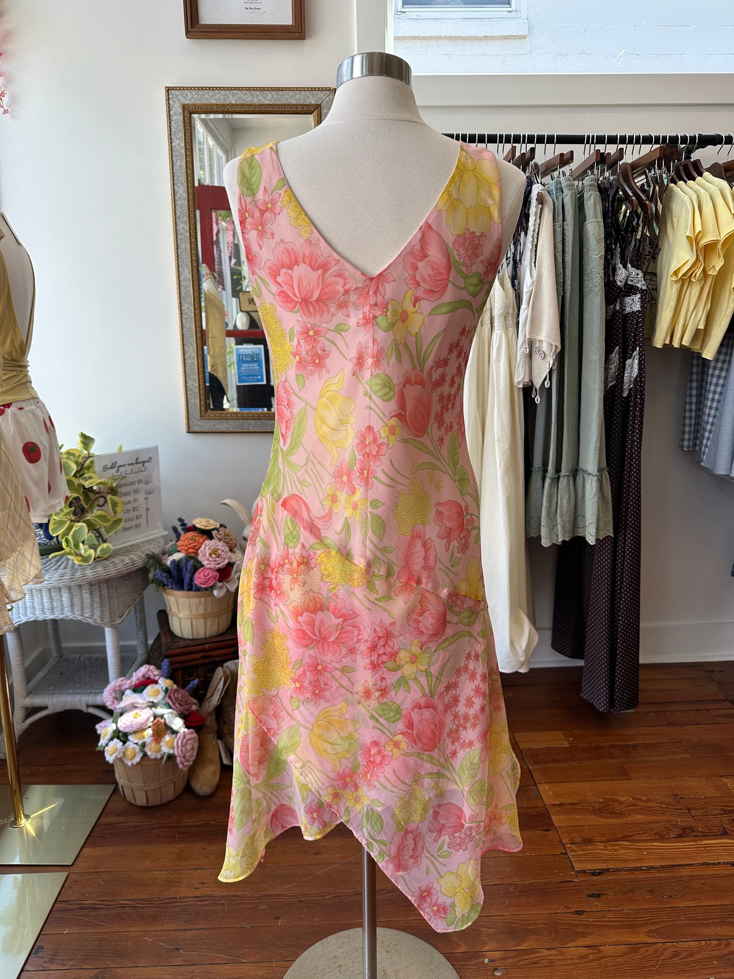 90's Pink/Yellow Midi Dress - Size 9/10