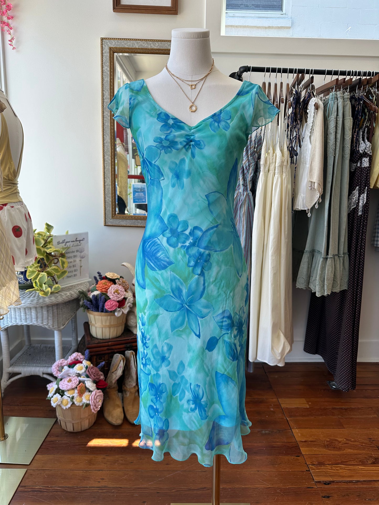 90s/Y2K Aquamarine Floral Midi Dress - Size 3/4