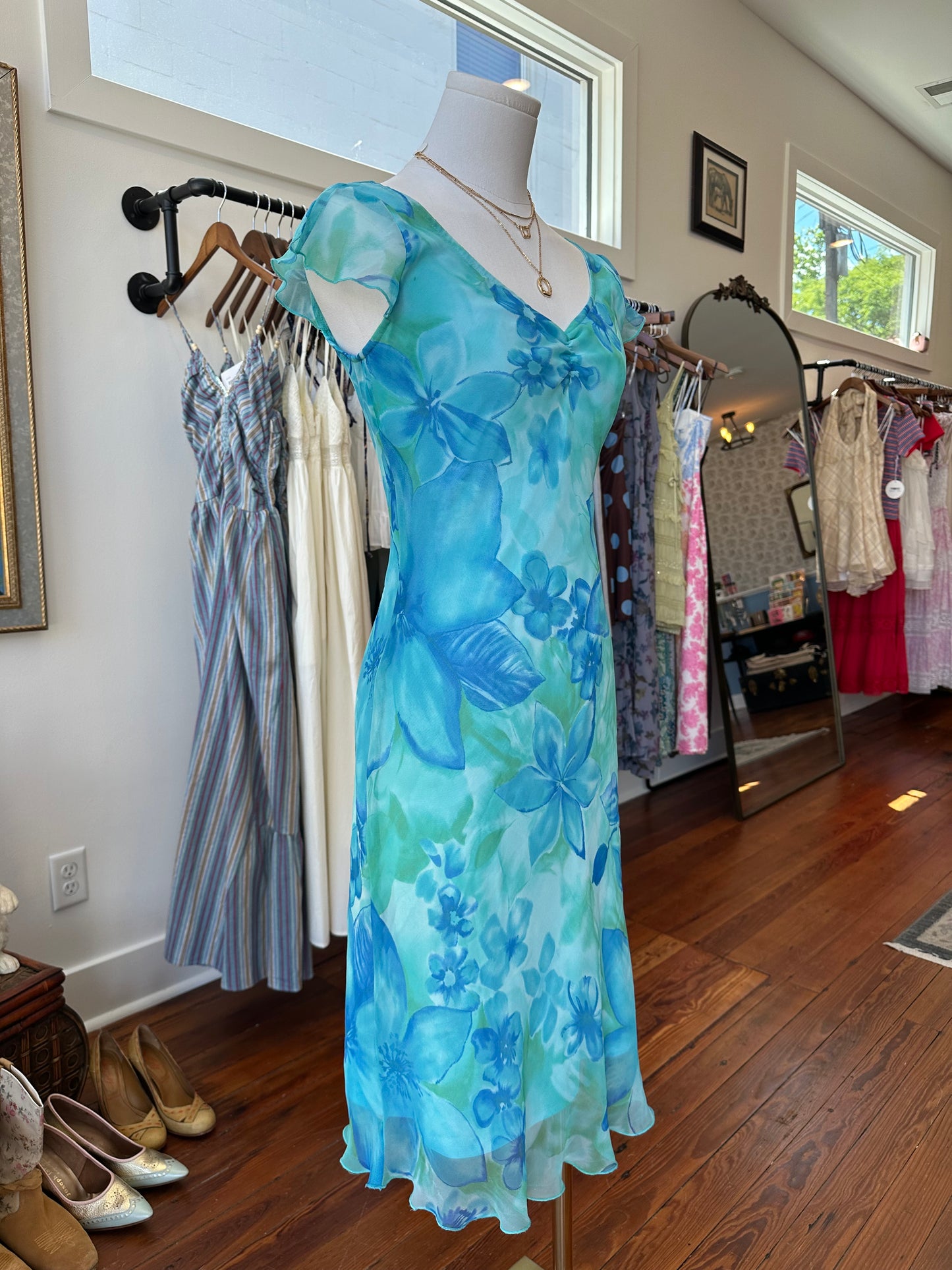 90s/Y2K Aquamarine Floral Midi Dress - Size 3/4