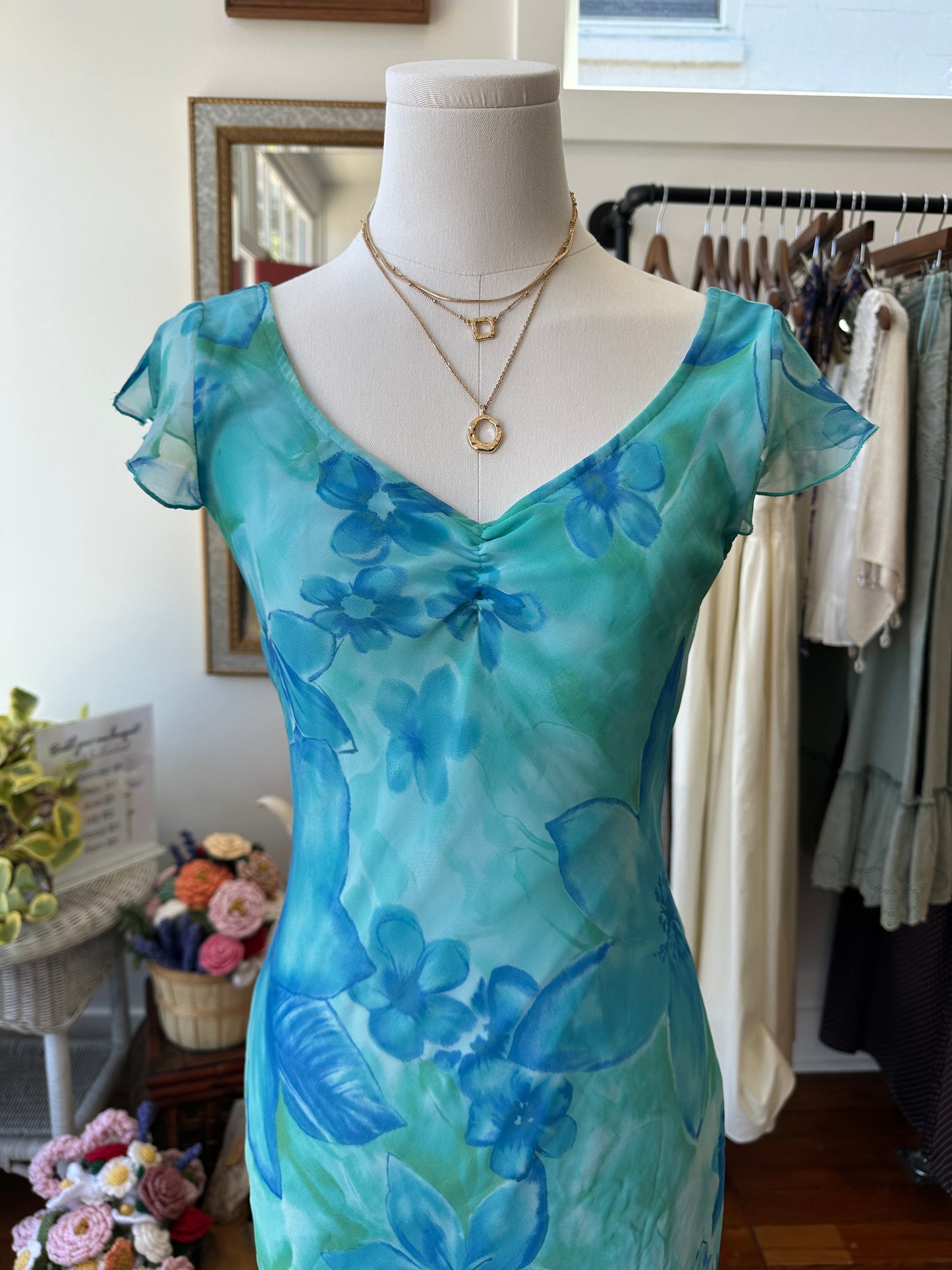 90s/Y2K Aquamarine Floral Midi Dress - Size 3/4