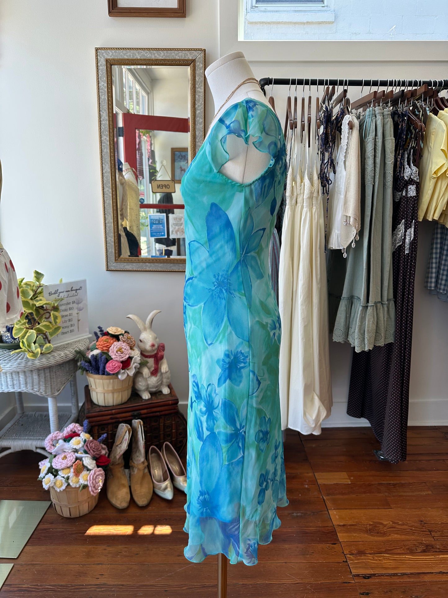 90s/Y2K Aquamarine Floral Midi Dress - Size 3/4