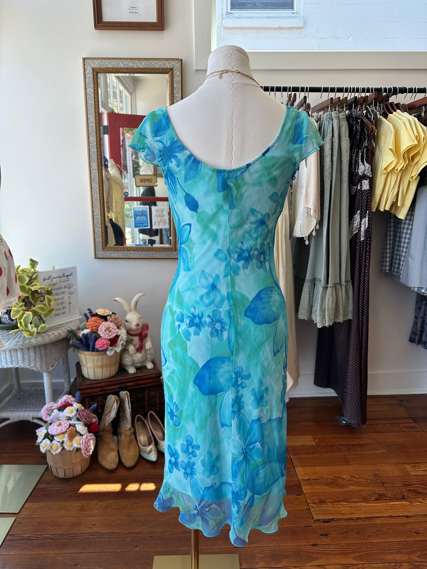 90s/Y2K Aquamarine Floral Midi Dress - Size 3/4
