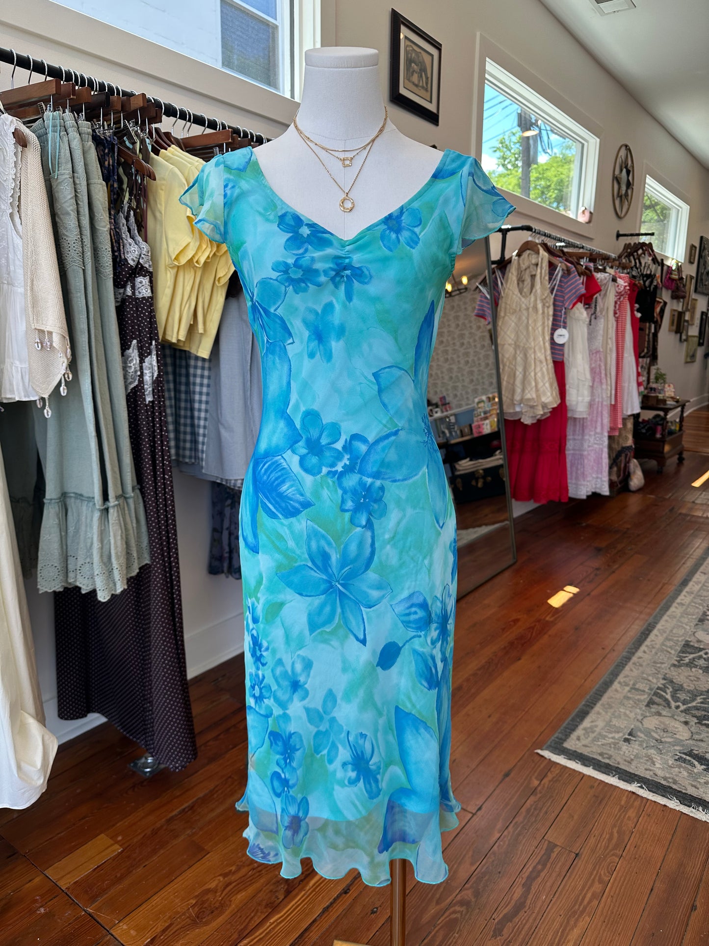 90s/Y2K Aquamarine Floral Midi Dress - Size 3/4