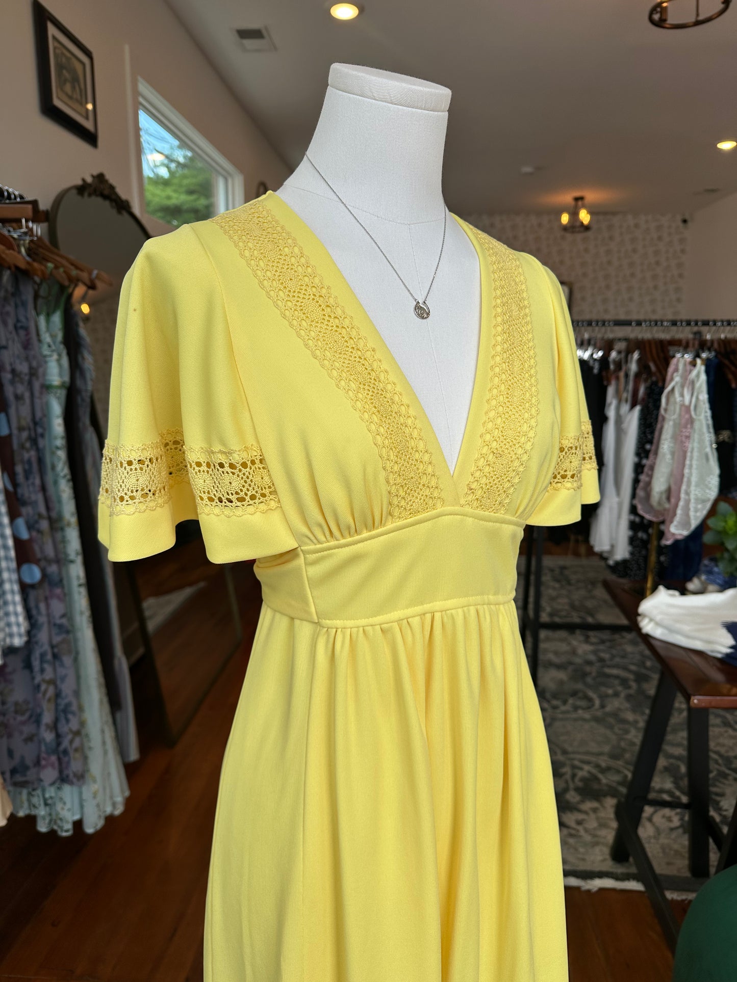 70's Yellow Crochet Maxi Dress - XS/SMALL