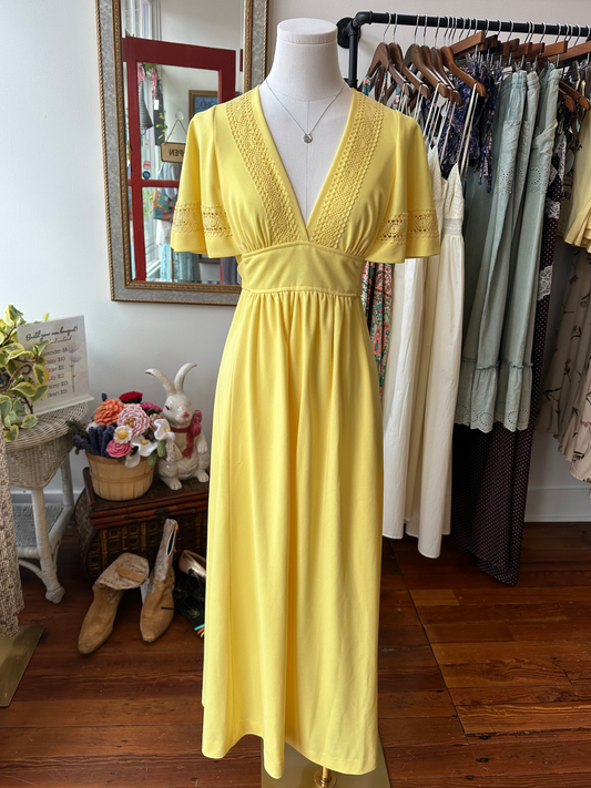 70's Yellow Crochet Maxi Dress - XS/SMALL